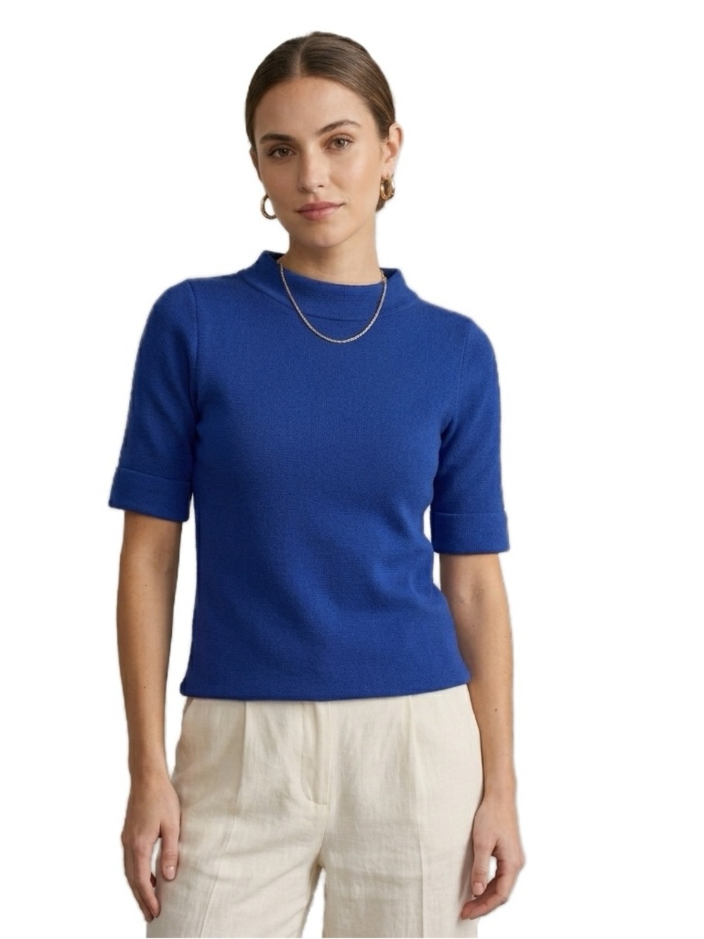 Talbots Cobalt Blue Short Sleeve Mock Neck Knit Sweater Top